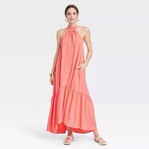 A New Day Women's Halter Hi-Lo Midi Dress Coral Large nwt